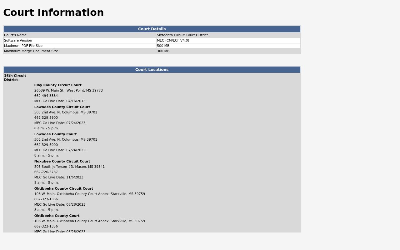 Sixteenth Circuit MEC court information for Noxubee County