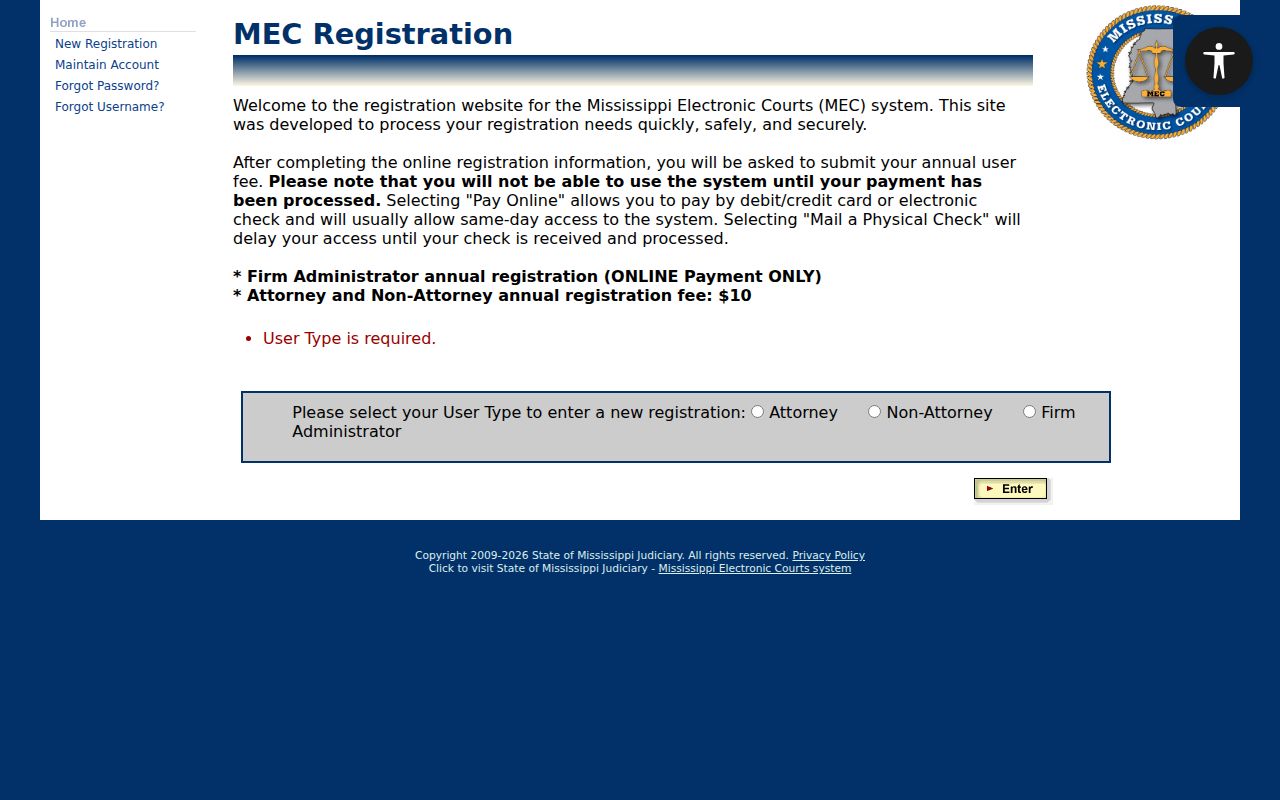 PAMEC public registration page used for Noxubee Circuit records
