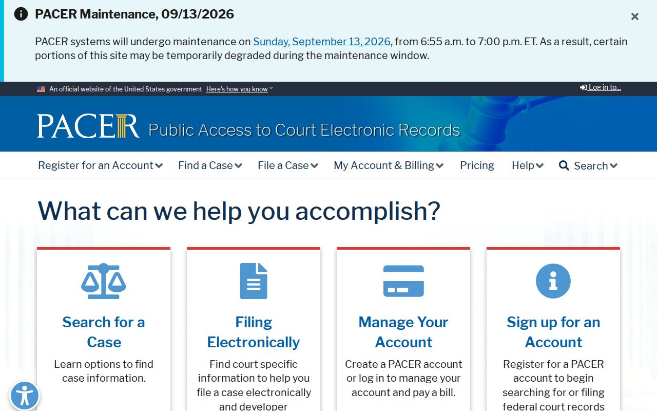PACER federal docket access page