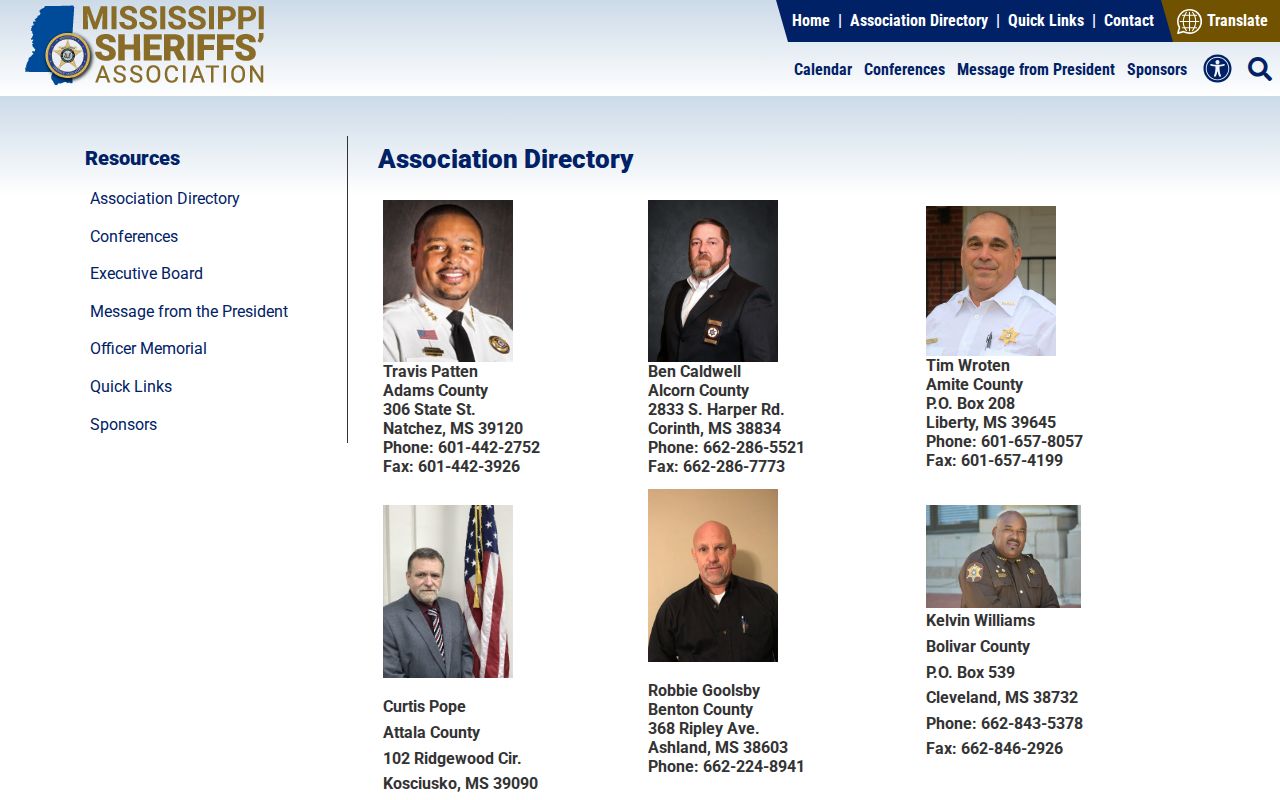 Mississippi Sheriffs Association directory used to verify Noxubee sheriff contact